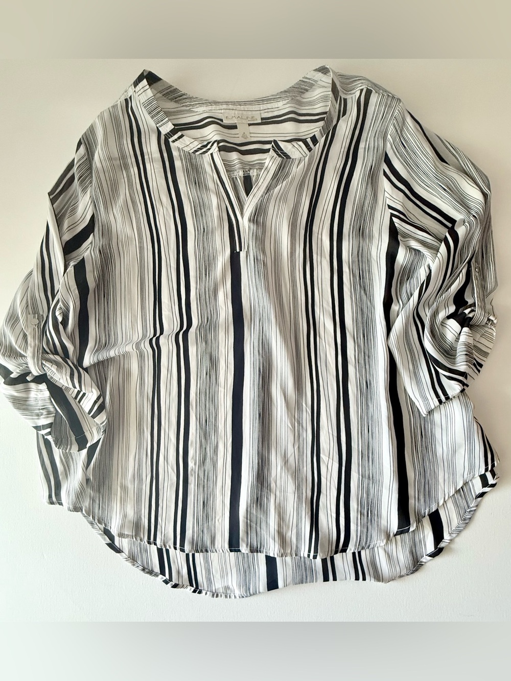 Striped V-Neck Roll-Sleeve Blouse - White & Black